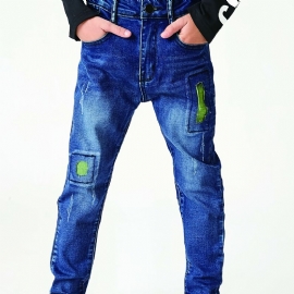 Gutter Uformell Enkel Vintage Denim Jeans Ripped Patch Rett Ben Color Block Bukser