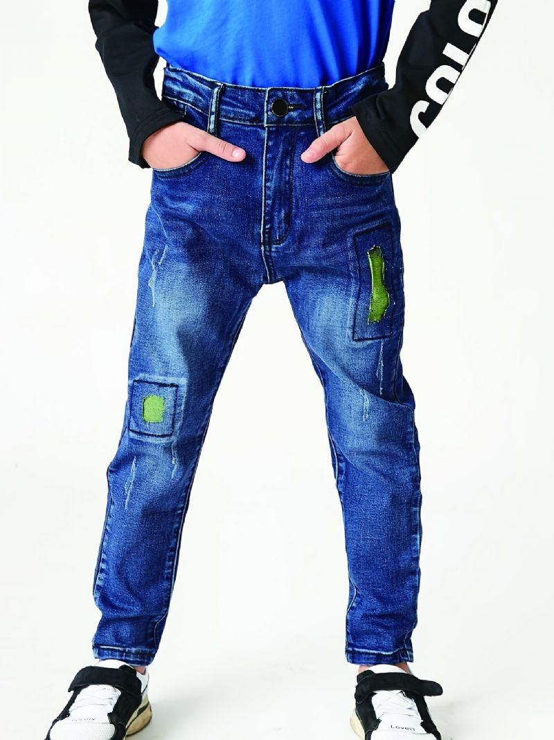 Gutter Uformell Enkel Vintage Denim Jeans Ripped Patch Rett Ben Color Block Bukser