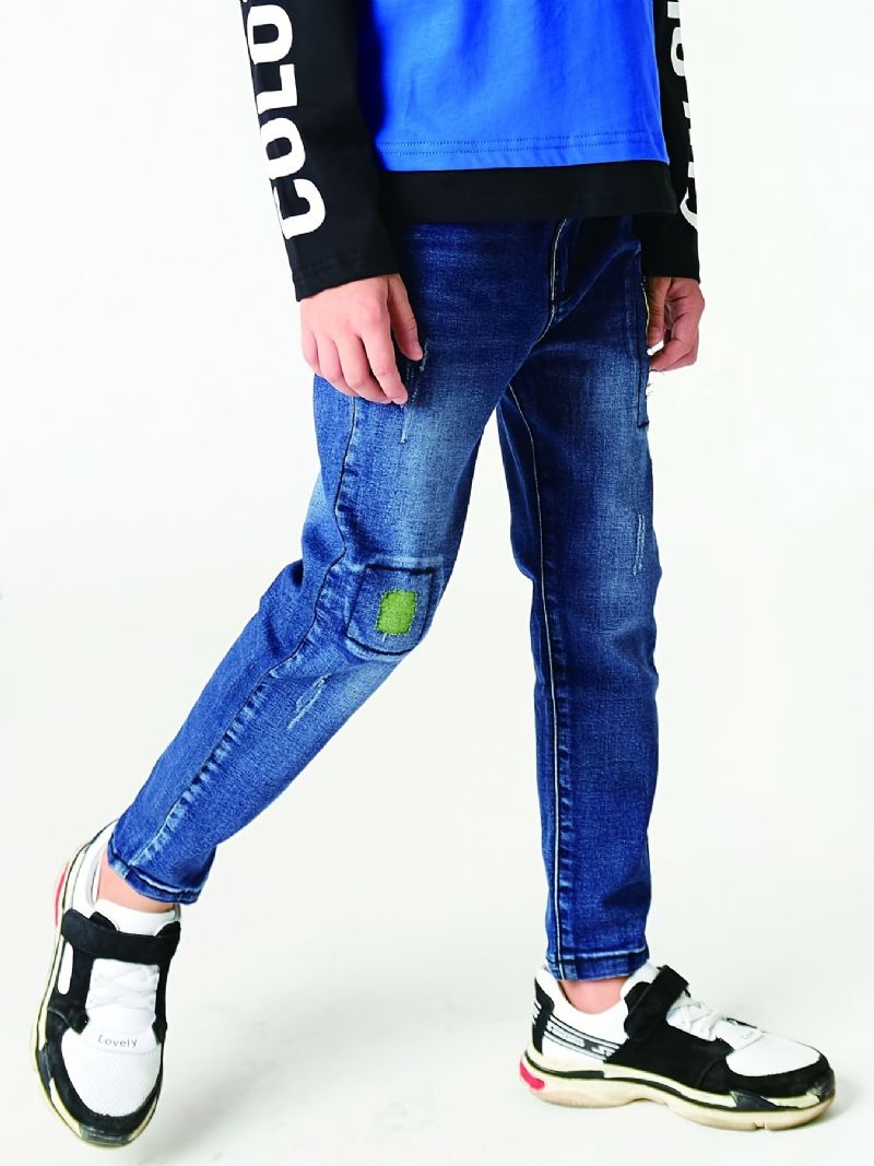 Gutter Uformell Enkel Vintage Denim Jeans Ripped Patch Rett Ben Color Block Bukser