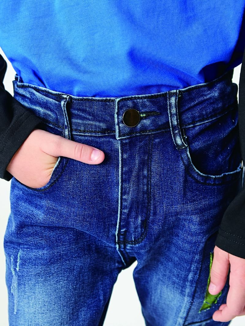 Gutter Uformell Enkel Vintage Denim Jeans Ripped Patch Rett Ben Color Block Bukser
