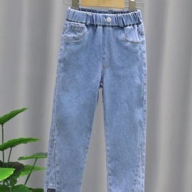 Jente Solid Denim Elegante Jeans Med Sidelommer Uformelle Bukser