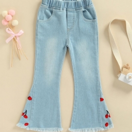 Jenter 2023 New Brodered Cherry Denim Flare Jeans
