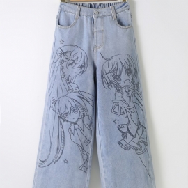 Jenter Anime Print Preppy Jeans Med Rette Ben