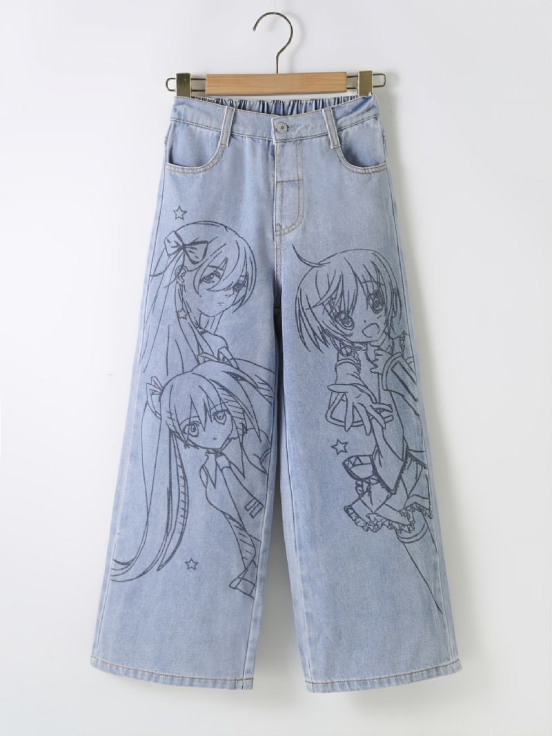 Jenter Anime Print Preppy Jeans Med Rette Ben
