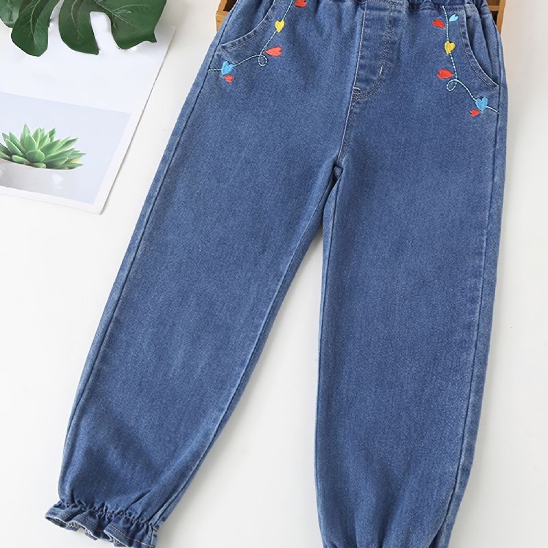 Jenter Blå Casual Heart Broderi Denim Jeans