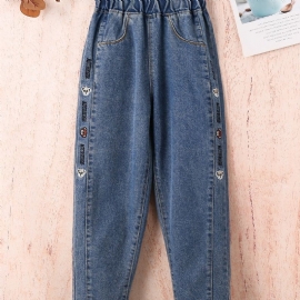 Jenter Blå Sidesøm Brodert Bears Wide Leg Bukser Jeans