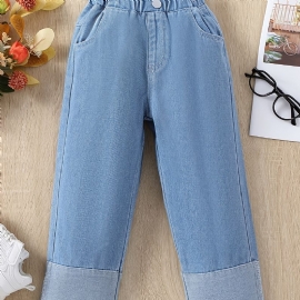 Jenter Casual Patchwork Denim Jeans Solid Løse Straight Leg Bukser