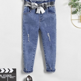 Jenter Casual Ripped Denim Jeans Med Rutete Bue Belte For Vinteren