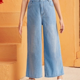 Jenter Casual Solid Løse Straight Leg Denim Jeans For Winter
