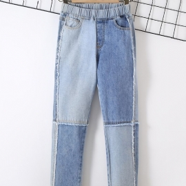 Jenter Casual Street Style Stitching Denim Jeans Med Elastisk Midje For Winter Lyseblå