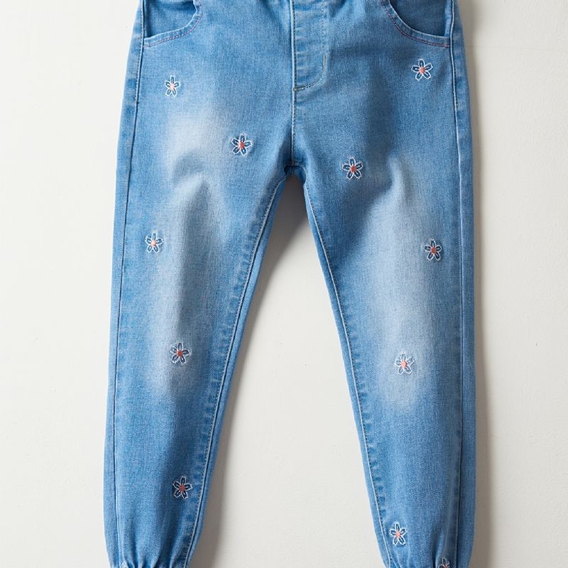 Jenter Casual Vintage Elastisk Denim Jeans Med Blomsterbroderi Til Vinteren