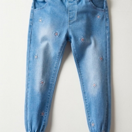 Jenter Casual Vintage Elastisk Denim Jeans Med Blomsterbroderi Til Vinteren