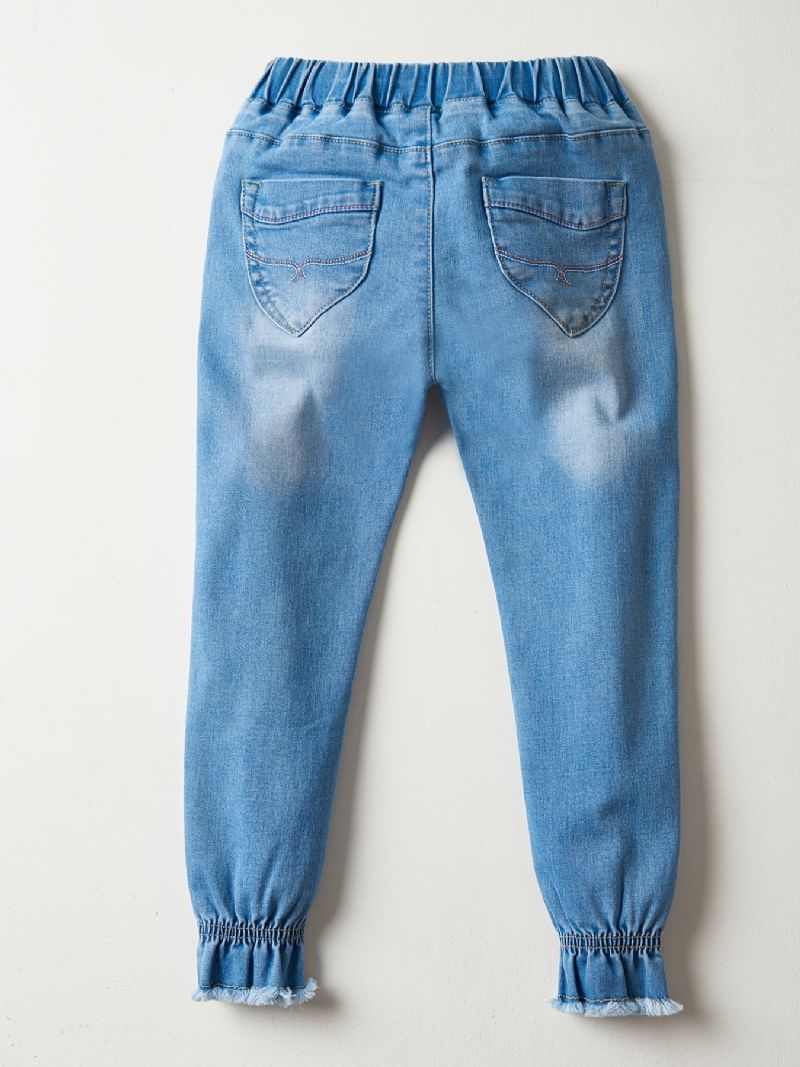 Jenter Casual Vintage Elastisk Denim Jeans Med Blomsterbroderi Til Vinteren