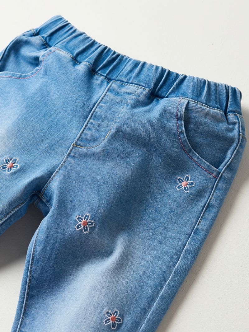 Jenter Casual Vintage Elastisk Denim Jeans Med Blomsterbroderi Til Vinteren