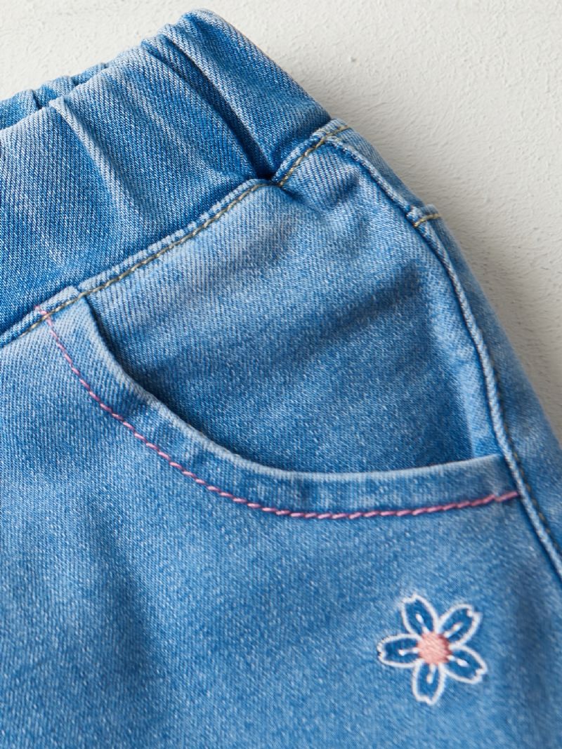 Jenter Casual Vintage Elastisk Denim Jeans Med Blomsterbroderi Til Vinteren