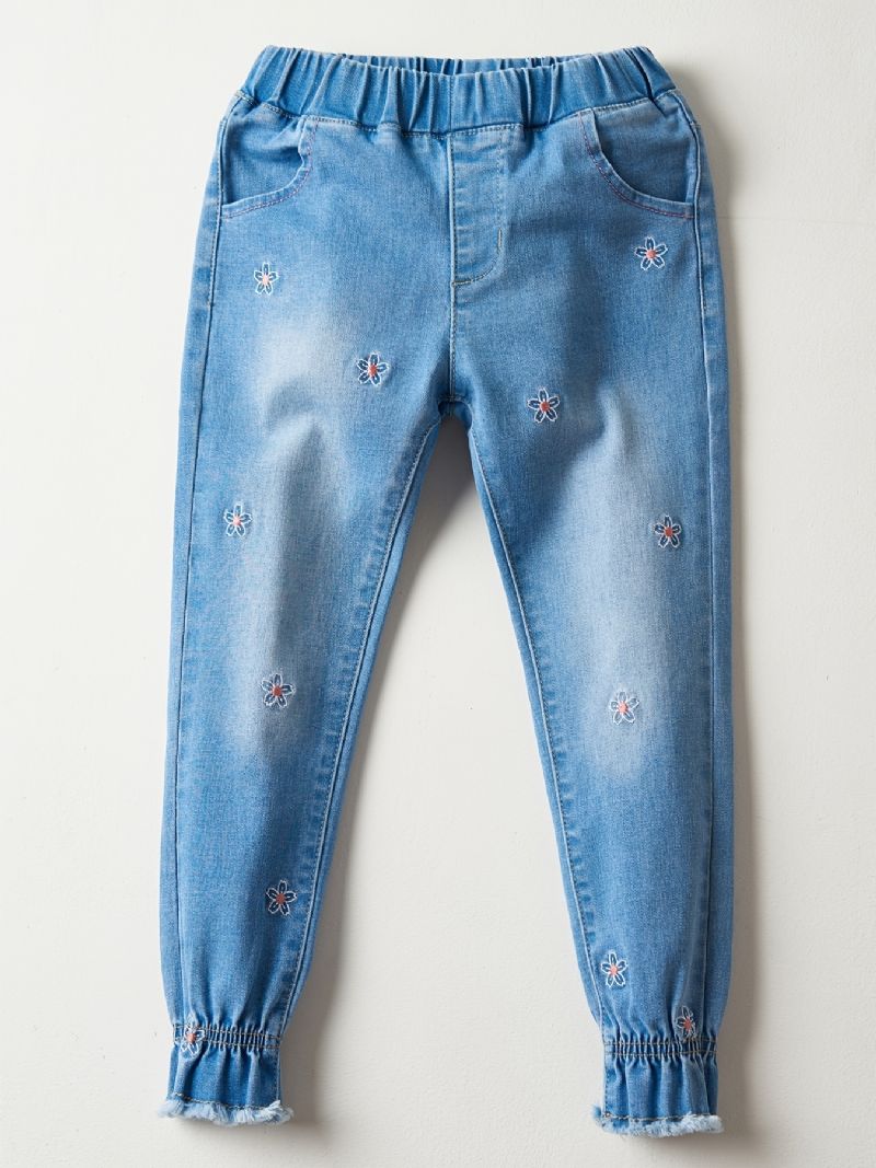 Jenter Casual Vintage Elastisk Denim Jeans Med Blomsterbroderi Til Vinteren