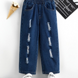 Jenter Casual Vintage Ripped Denim Jeans Med Elastisk Midje Til Vinter