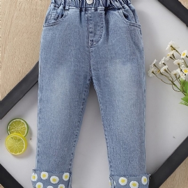 Jenter Daisy Pattern Jeans Denimbukser Med Rett Ben Og Elastisk Linning Barneklær