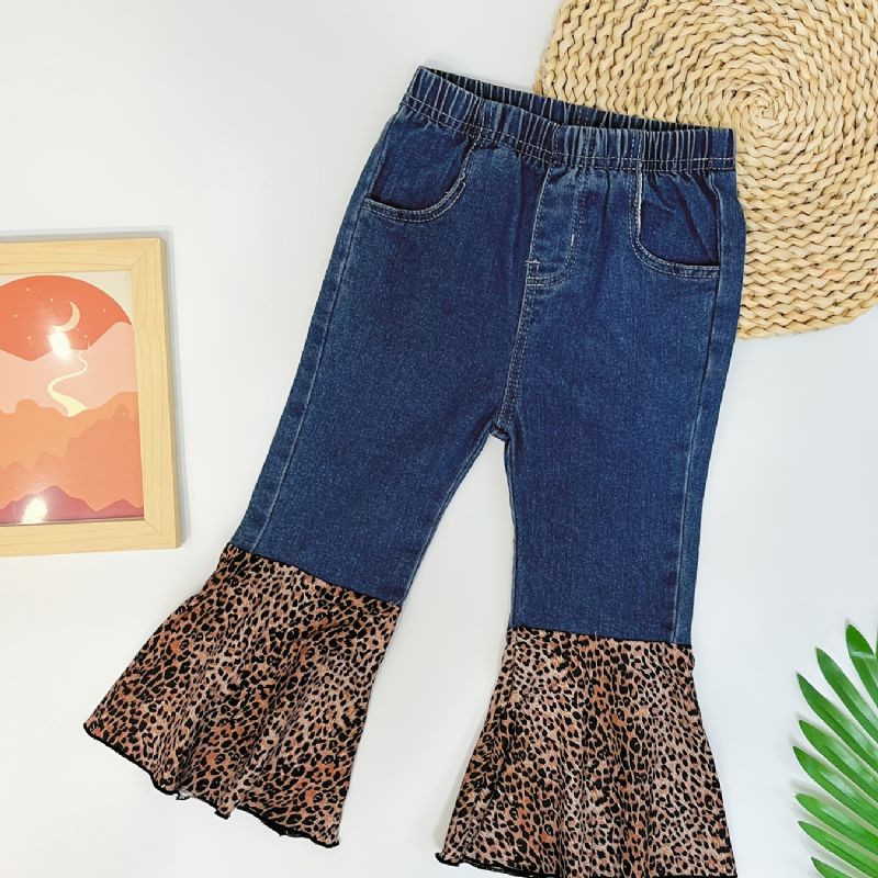 Jenter Denim & Leopard Kontrast Flared Jeans Med Elastisk Midje Barneklær