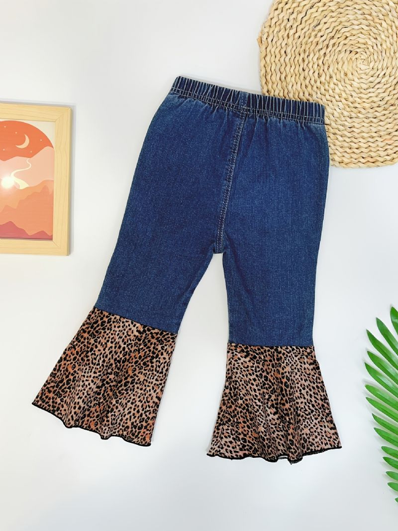 Jenter Denim & Leopard Kontrast Flared Jeans Med Elastisk Midje Barneklær