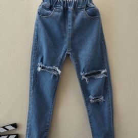 Jenter Ensfargede Stretch Rippede Jeans