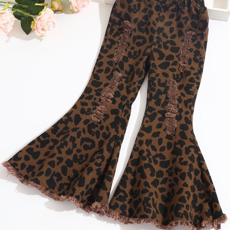 Jenter Flared Bottom Leopard Ripped Denim Jeans Barneklær Antrekk