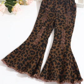 Jenter Flared Bottom Leopard Ripped Denim Jeans Barneklær Antrekk