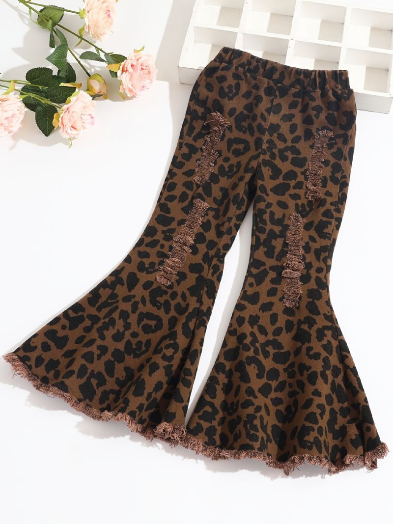 Jenter Flared Bottom Leopard Ripped Denim Jeans Barneklær Antrekk