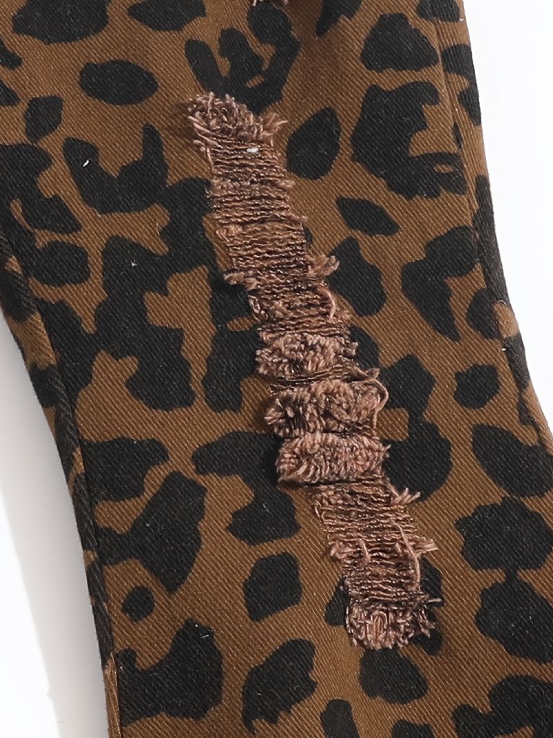 Jenter Flared Bottom Leopard Ripped Denim Jeans Barneklær Antrekk