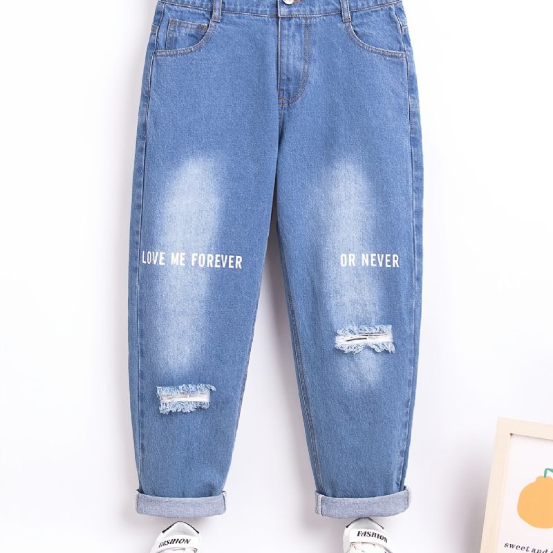 Jenter Retro Ripped Jeans Bokstaver Print Denim Bukser
