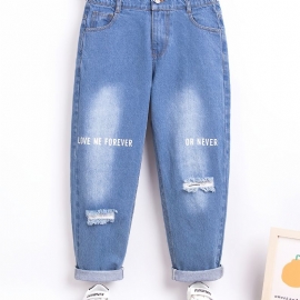 Jenter Retro Ripped Jeans Bokstaver Print Denim Bukser