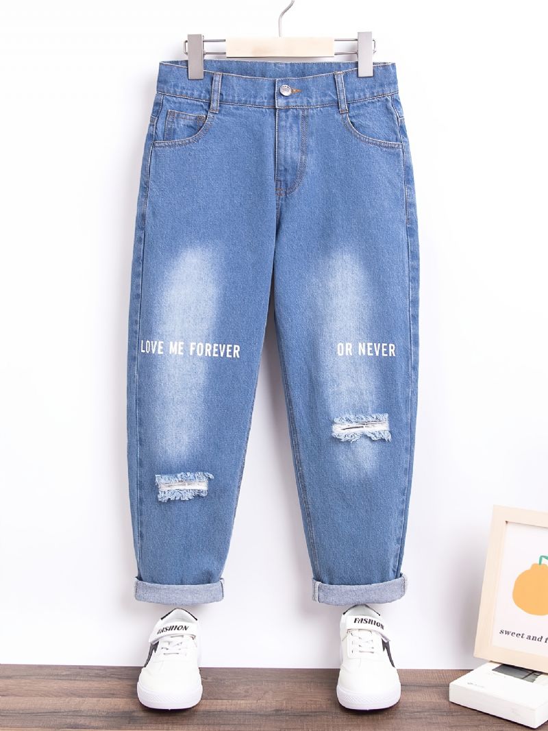 Jenter Retro Ripped Jeans Bokstaver Print Denim Bukser