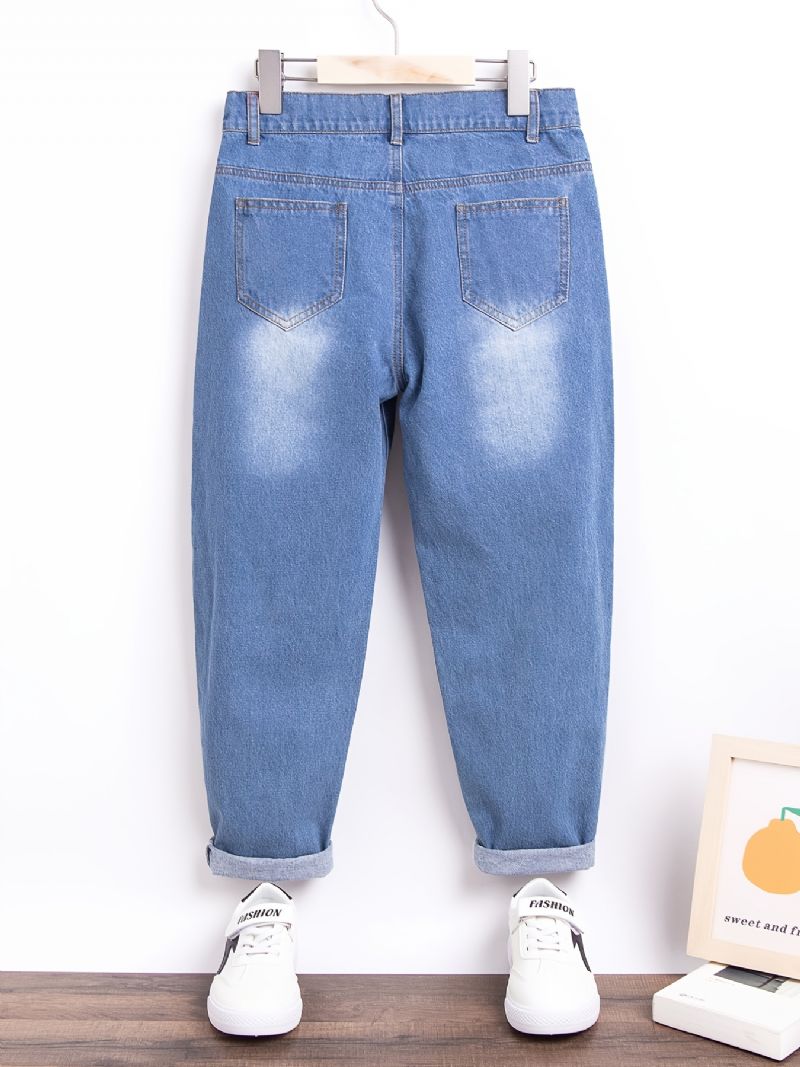 Jenter Retro Ripped Jeans Bokstaver Print Denim Bukser