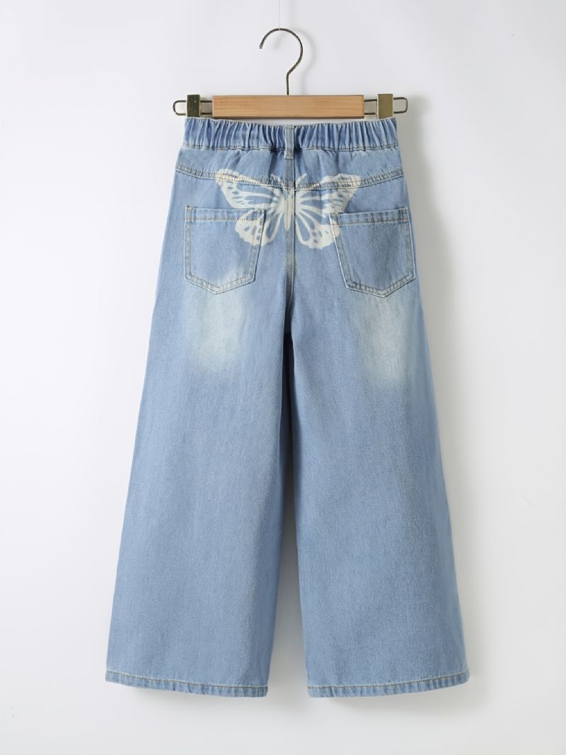 Jenter Ripped Wide Leg Butterfly Back Print Denim Jeans Barneklær