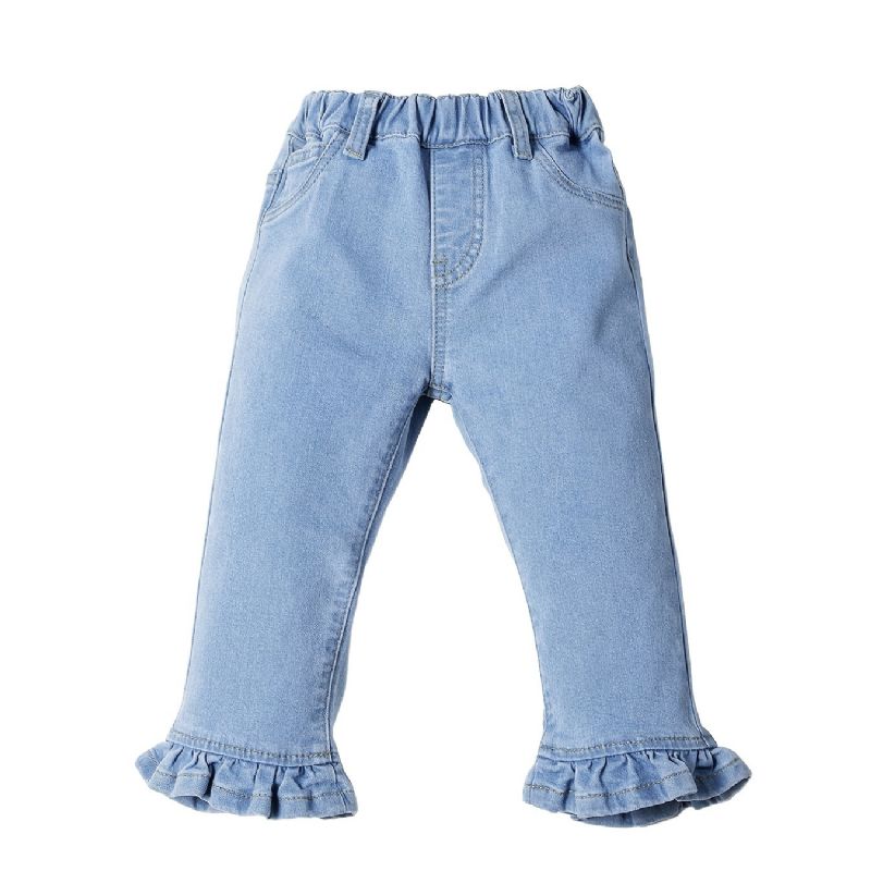 Jenter Solid Ruffle Flared Jeans Elastisk Midjebånd Dongeribukser Baby Barneklær