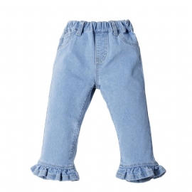 Jenter Solid Ruffle Flared Jeans Elastisk Midjebånd Dongeribukser Baby Barneklær