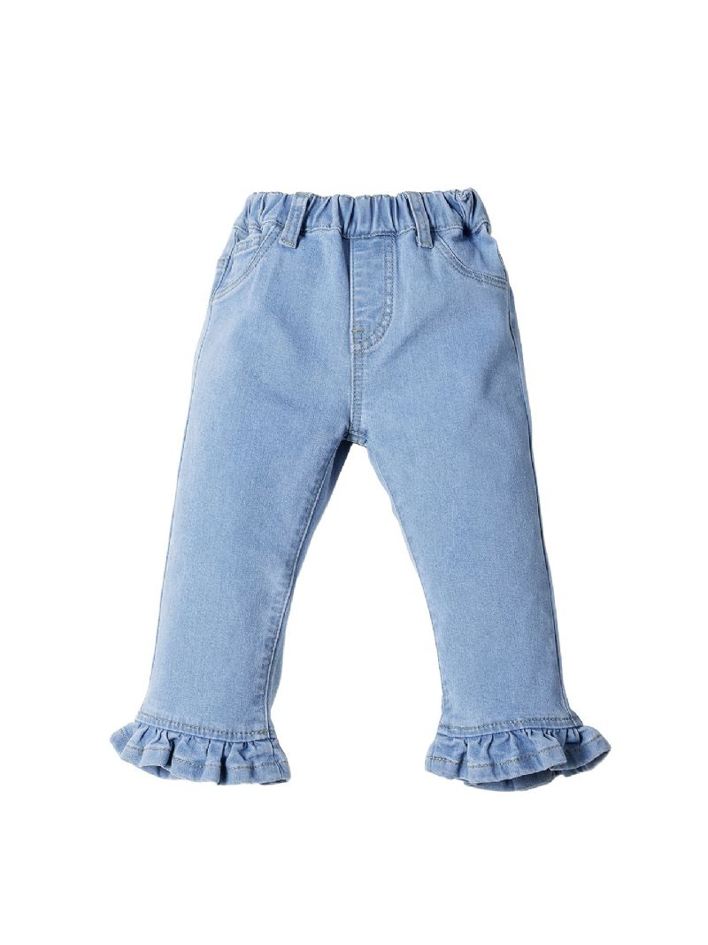 Jenter Solid Ruffle Flared Jeans Elastisk Midjebånd Dongeribukser Baby Barneklær