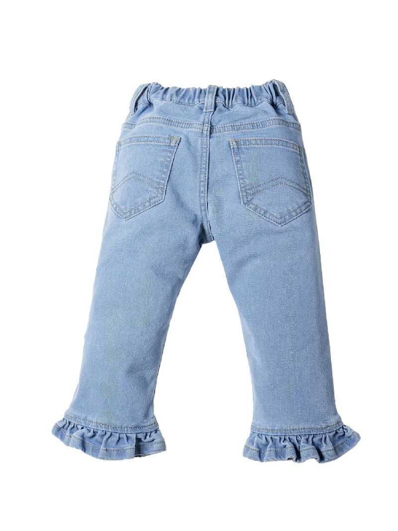 Jenter Solid Ruffle Flared Jeans Elastisk Midjebånd Dongeribukser Baby Barneklær