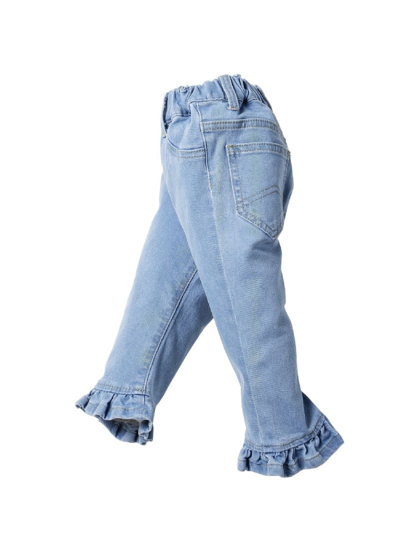 Jenter Solid Ruffle Flared Jeans Elastisk Midjebånd Dongeribukser Baby Barneklær