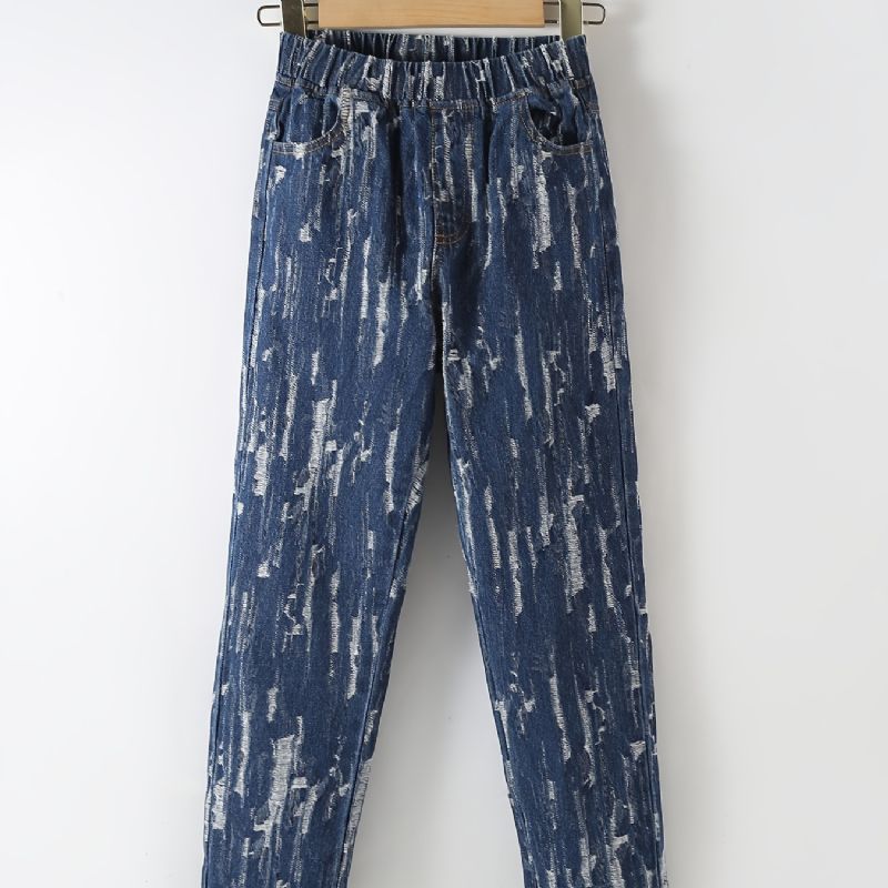 Jenter Street Style Ripped Denim Jeans Med Stretchy Midje For Vinter