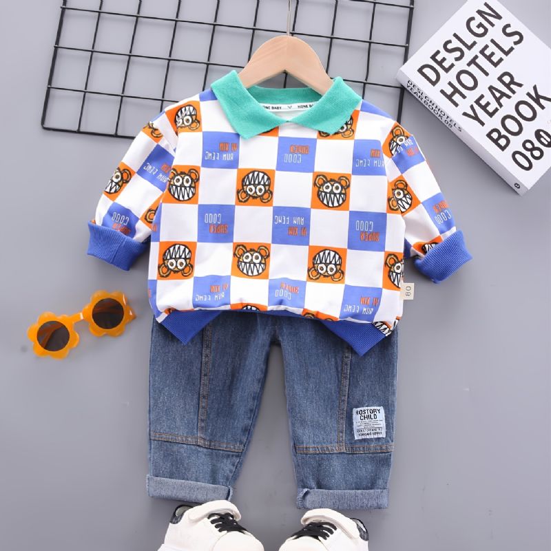 Småbarn Baby Gutter Tegneserie Rutet Trykt Langermet Lapel Top & Jeans