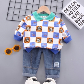 Småbarn Baby Gutter Tegneserie Rutet Trykt Langermet Lapel Top & Jeans