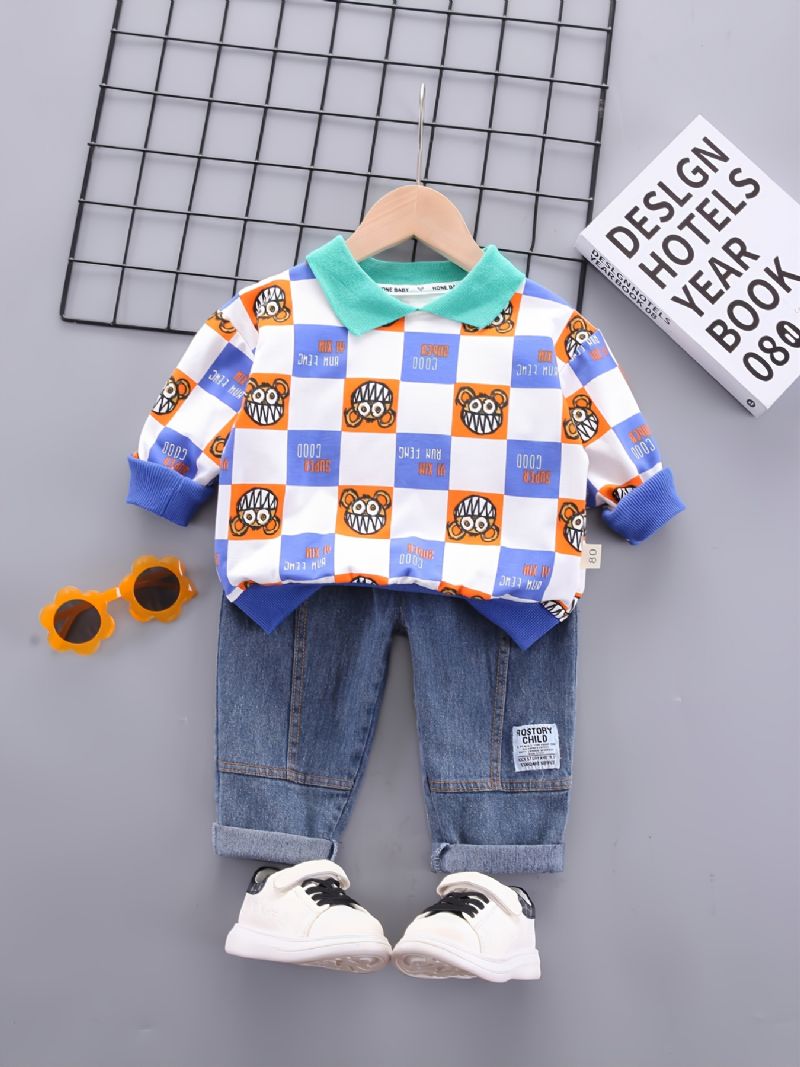 Småbarn Baby Gutter Tegneserie Rutet Trykt Langermet Lapel Top & Jeans