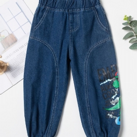 Småbarn Gutter Dinosaur Grafisk Casual Jeans Elastisk Midjebånd Dongeribukser