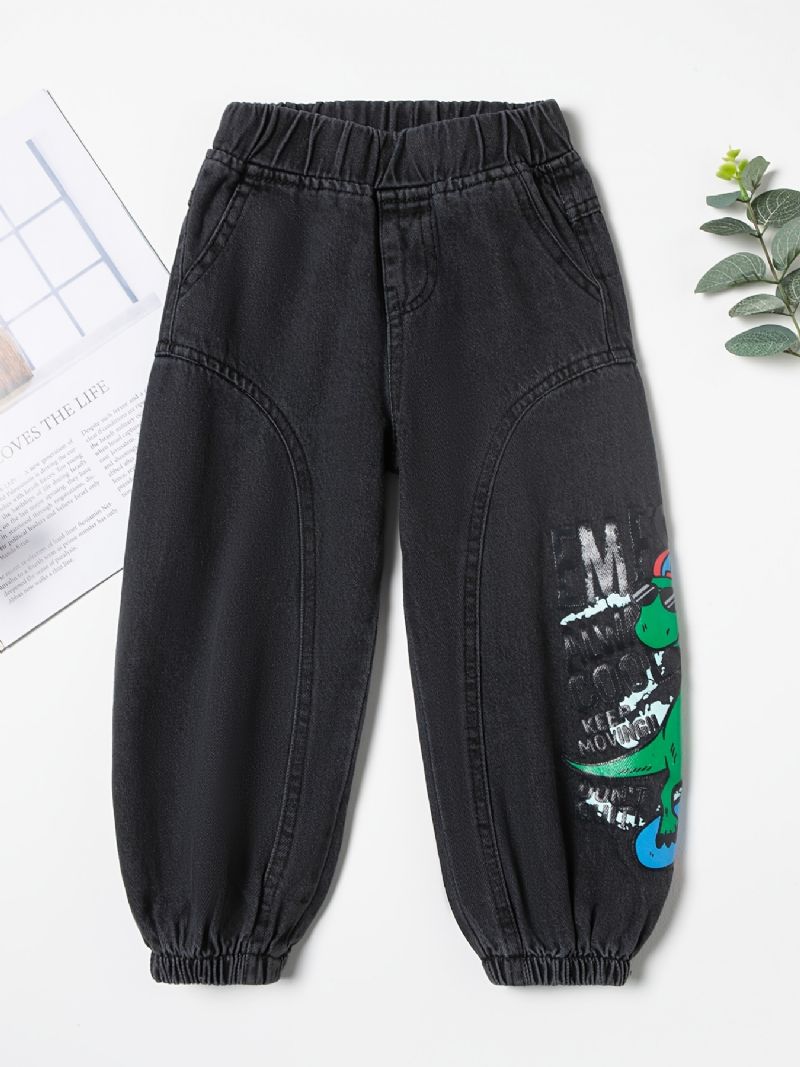 Småbarn Gutter Dinosaur Grafisk Casual Jeans Elastisk Midjebånd Dongeribukser