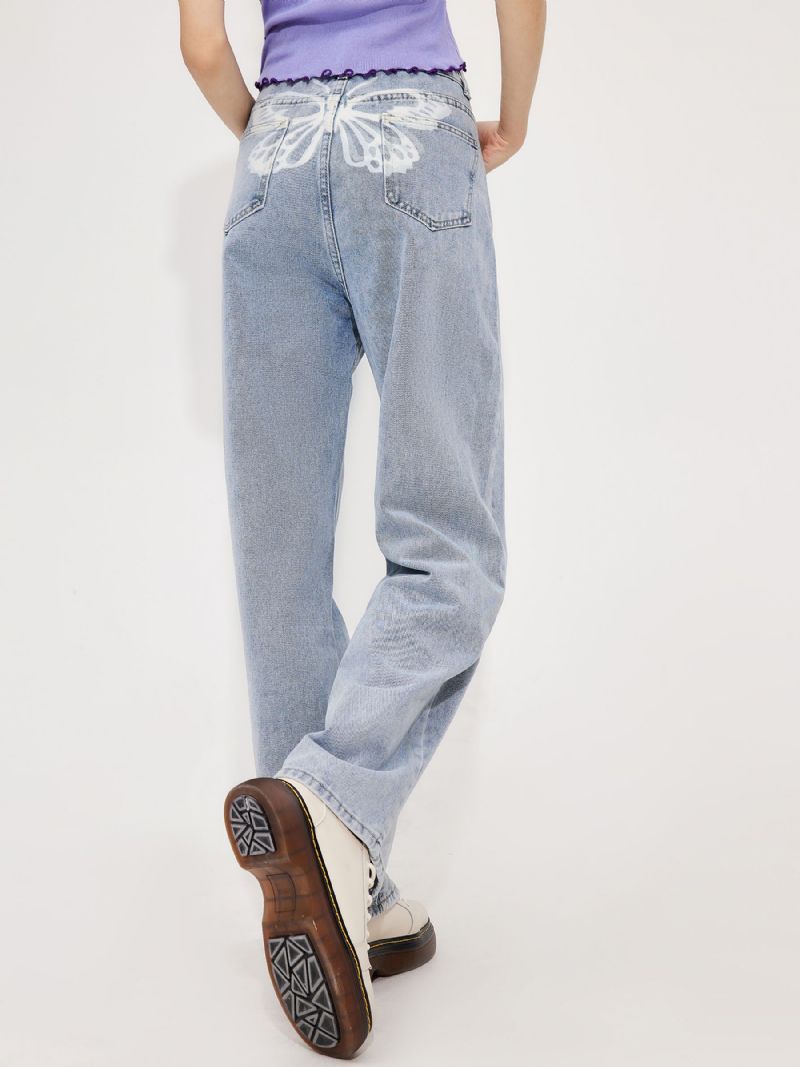 Sommerfugletrykk For Kvinner Med Høy Midje Knapp Fly Straight Leg Jeans Jente I Y2k-stil