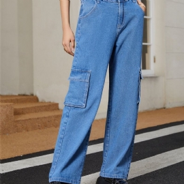 Women's Multi Pocket High Waist Button Fly Cargo Jeans Girl's Street Style