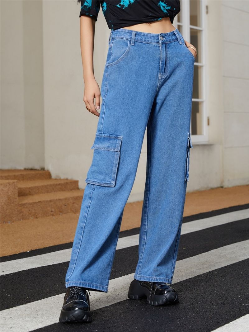 Women's Multi Pocket High Waist Button Fly Cargo Jeans Girl's Street Style