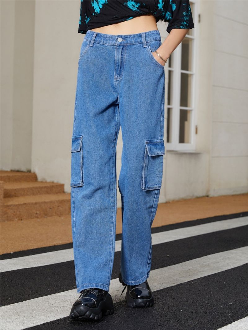 Women's Multi Pocket High Waist Button Fly Cargo Jeans Girl's Street Style