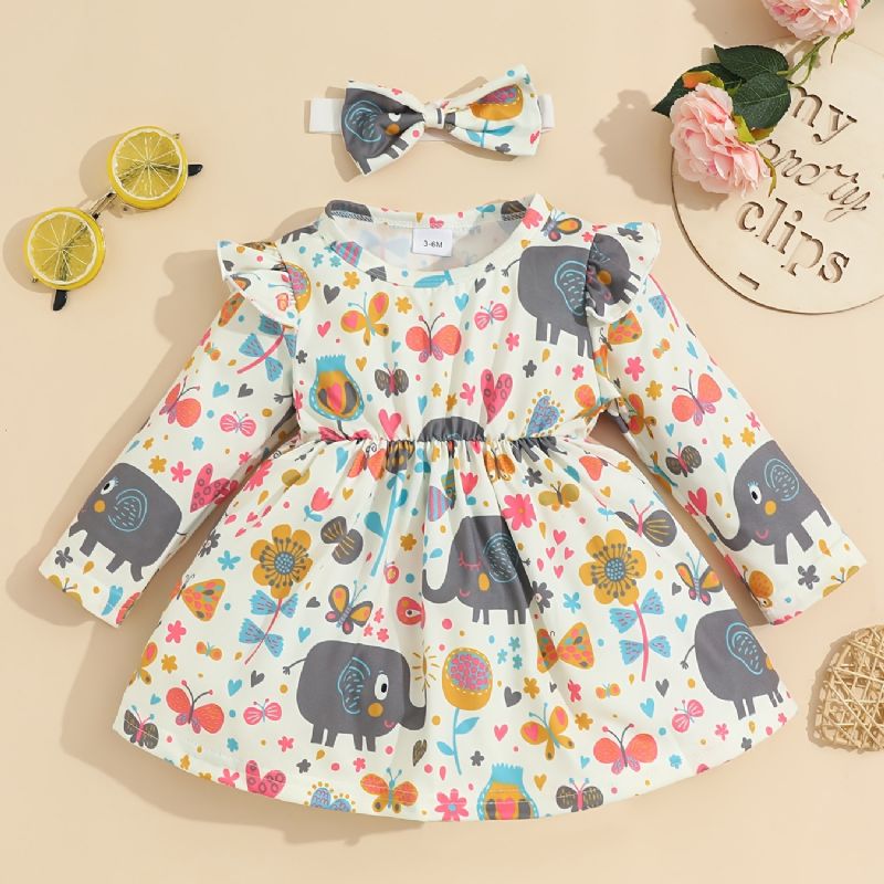 2 Stk Baby Jenter Causal Ruffed Dress Med Tegneserie Elefant Blomstertrykk & Sløyfe Pannebånd Til Fest